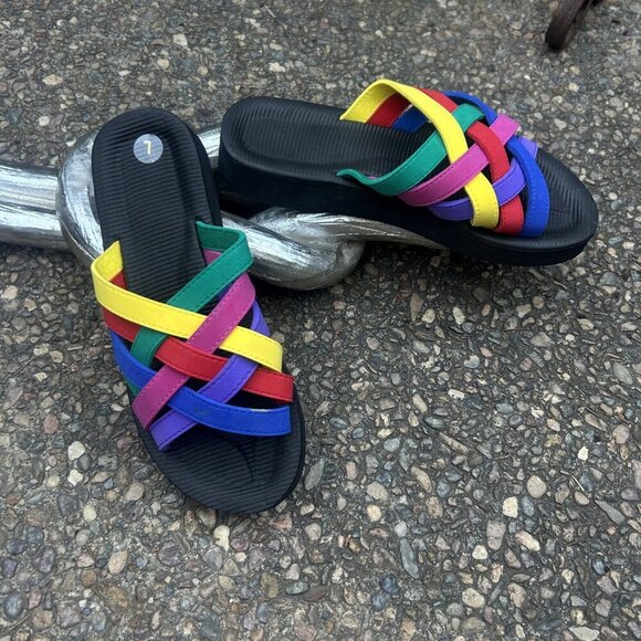 Rainbow Cross Strap Women's Beach Summer Slip On Sandals Size 7 - Picture 4 of 6